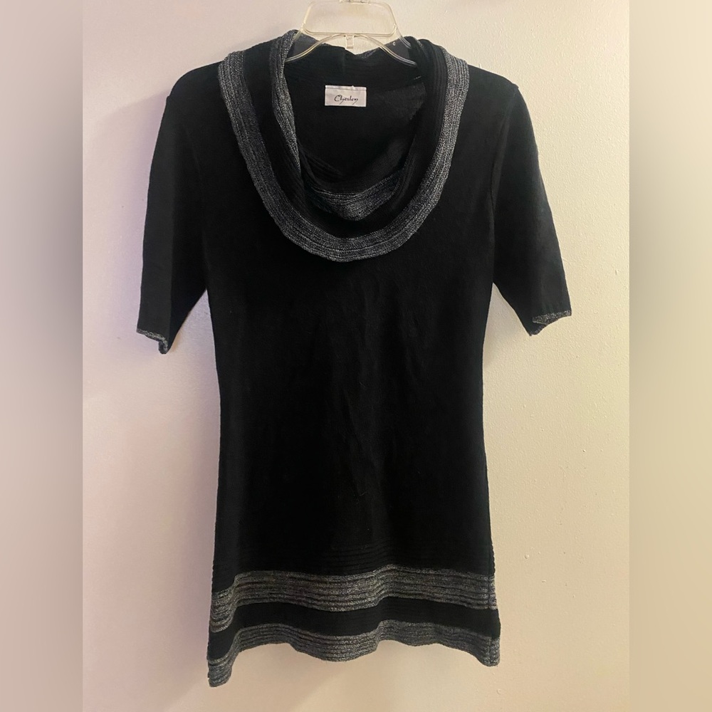 Chelsey Womens Short Sleeve Black Cowl Neck Sweater S Small 34” Gray Accents